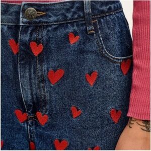 Lucy & Yak  Straight Leg Jeans in Mid Wash Blue with Cupid Hearts Embroidery